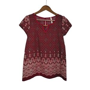 CHOCOLATE USA Red Geometric Print Keyhole Neck Blouse Top Small